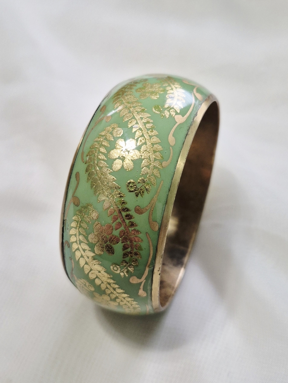 Vintage Brass Mint Green and Gold Enamel Floral Bangle Handpainted  Bracelet.
